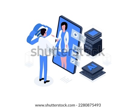 Healthcare virtual assistants, aiding patients and medical professionals with information and support through innovative technology. Artificial intelligence in healthcare isometric illustration