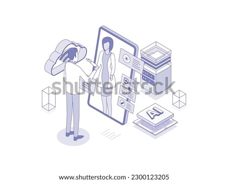 Healthcare virtual assistants, aiding patients and medical professionals with information and support. Artificial intelligence in healthcare lineal isometric illustration