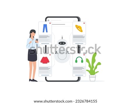 Flat vector illustration of AI robot assists woman in product selection on mobile e commerce platform, providing personalized suggestions based on AI algorithms.