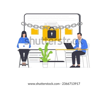 A man and woman attempt to unlock a secure document folder on a computer, illustrating the concept of a ransomware attack. Flat design vector illustration.