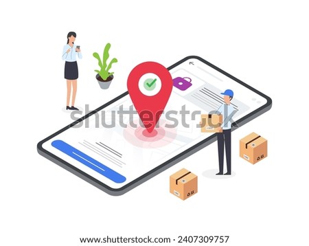 Isometric illustrations of customers receiving packages from couriers. Flat style artwork depicting delivery process and customer satisfaction.