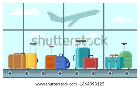 flat style vector Illustration, Airport conveyor belt with passenger luggage bags for travel in terminal hall Isolated on white backdrop, Suitcases Scanning on Baggage Carousel, terminal Luggage Belt