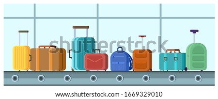 flat style vector Illustration, Conveyor belt with passenger luggage bags in airport hall Isolated on white backdrop, Suitcases Scanning on Baggage Carousel Before Departure, terminal Luggage Belt