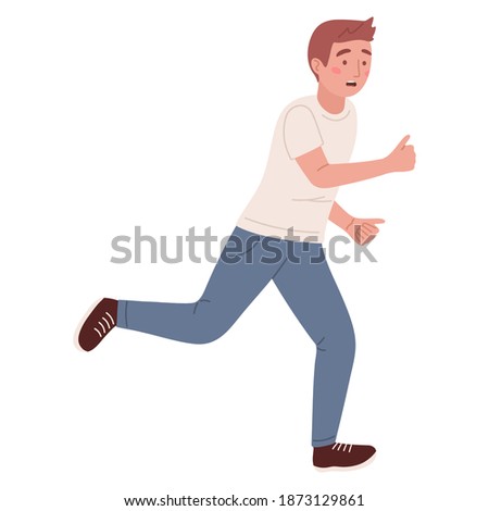 vector illustration isolated on white background. scared male running away in fear. frightened man shouting, escaping from threat, screaming guy afraid of danger, problem reaction, stressful situation