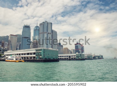 HONG KONG - SEPTEMBER 2: Fast passenger ferry hydrofoil Turbojet at Central Ferry Piers. September 2, 2013 in Hong Kong, China.
