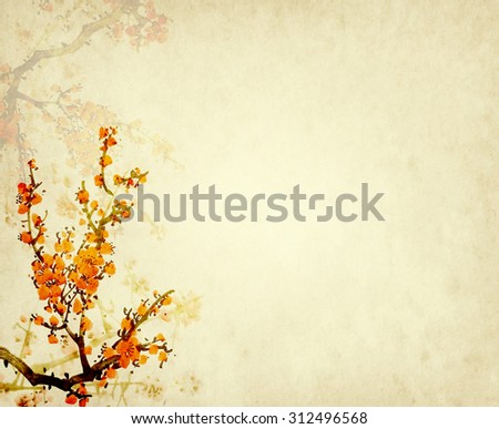 Traditional chinese painting Spring plum blossom on Old vintage paper background