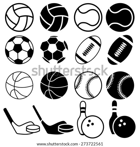 Set Of Black And White Sports Balls icons. Vector Illustration  Silhouettes.