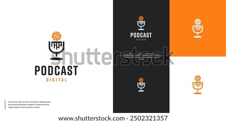 sports logo with podcast microphone, discussing about competition, design vector illustration.