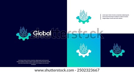 global gear technology logo concept, engineering, digital abstract, logo design template.