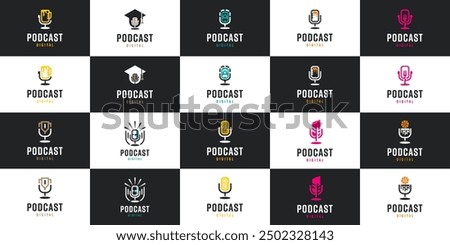 collection of podcast logos with line style, broadcast, interview, microphone, logo design inspiration.