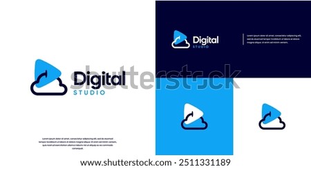 broadcasting logo with cloud concept and play button, entertainment media, watch later, storage, graphic design template.