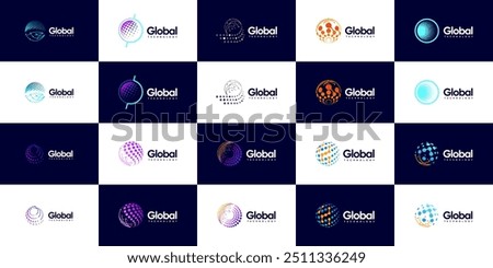 global technology logo set, digital network connection, abstract globe, design vector template.