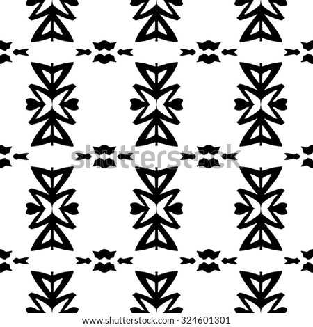 Floral and leaf nature geometric pattern. Striped hand painted seamless pattern with ethnic and tribal motifs, zigzag lines, brushstrokes and splatters of paint in monochrome colors.