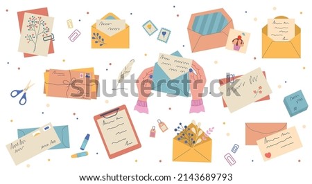 A set of various envelopes with mail, letters and postcards. Kraft paper envelopes with handwritten text. Envelopes on an isolated background in a flat style. Handmade envelopes.