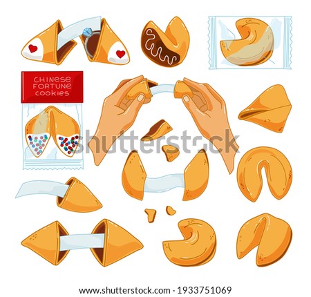 A set of Chinese cookies with predictions on a white background. Vector illustration.