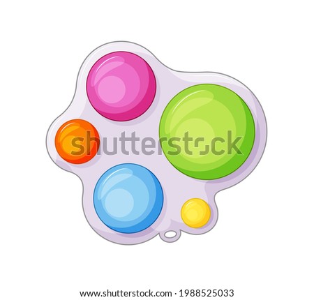 Simple Dimple antistress toy on white background. Antistress toys fidget sensory pop it and simple dimple in hand. 5 color. Vector illustration.