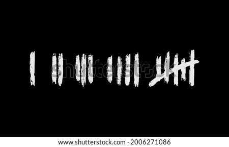 Tally mark. Hand-drawn lines or sticks drawn with chalk on a chalk board, strokes sorted by four and crossed out. Vector illustration.