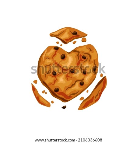 Bitten cookies with chocolate chips. Broken cookie in the shape of a heart. Made with love Vector cartoon illustration Foto stock © 