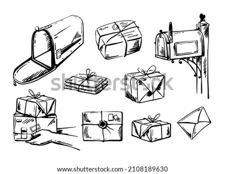 Vintage American mailbox, parcels, letters, postal service in sketch style. Mail delivery. Hand-drawn vector illustration.