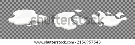 Milk spill on a transparent background. Set of puddles of white liquid, yogurt, mousse, ice cream or mayonnaise. Vector cartoon illustration.