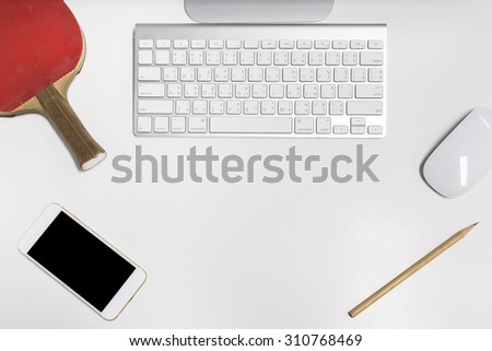 Office desk mock up template with keyboard, smart phone, mouse and pencil. View from above with copy space