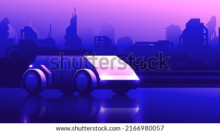 Futuristic off-road vehicle stands on the road on a modern night metropolis background.