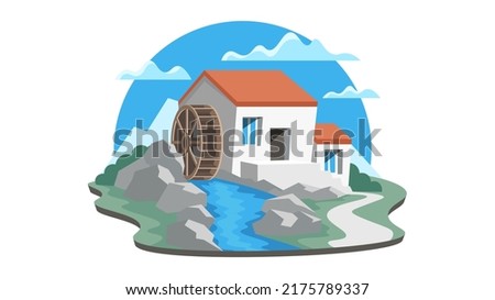 Farm house and watermill isolated illustration on white background. Flat landscape of mill that uses hydropower on the river.