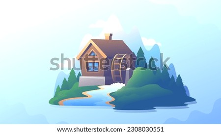 Retro rural hydro technology illustration. Small house with watermill isolated emblem.