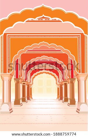 Indian temple vector illustration. Arches ancient building spirituality. touristic place. Palace. Yoga spa symbol. Orange, red, pastel colours. Religious architecture. Separate frames, Columns