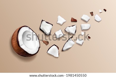 3d realistic cracked coconut vector illustration. Juicy parts, slices of coconut. Top view. Broken into pieces on the table. Cosmetic products. Tropical abc tract on biege background. Spaa, vegan, bio