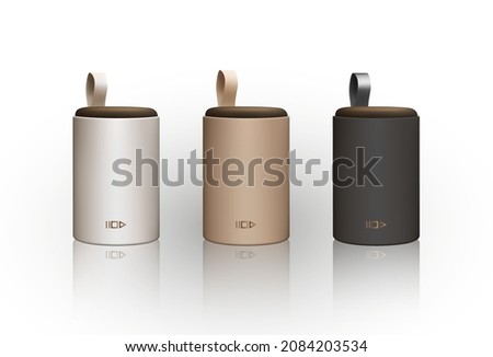 handsfree portable outdoor speakers realistic vector illustration. 3d concept model of blue tooth wireless speaker Music column bluetooth Isolated on white. Golden, white, black computer accessorise