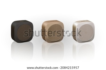 handsfree portable outdoor speakers realistic vector illustration. 3d concept model of wireless square speaker Music column front view Isolated on white. Golden, white, black computer accessorises
