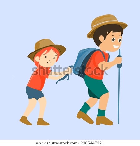 Vector illustration of a walking boy, helping a scared girl. Travelling children with backpacks. Scouts, travelers or holiday makers picture. Bright cute illustration