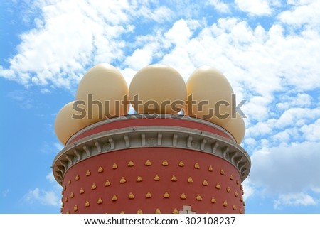 FIGUERES, SPAIN - JULY 1, 2014 : Dali museum roof top eggs in Figueres Spain, which houses art and works by Salvador dali