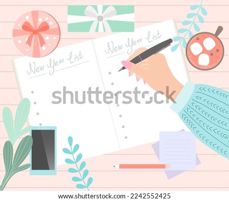 Flat illustration of a woman writing a  new year wish list. A woman hand holds a pen and writes down a list. Write down goals in the notebook.