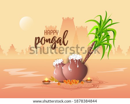 Happy Pongal Celebration Concept. Pongal Celebration. Pongali Rice In Mud Pot, With Oil Lamp.