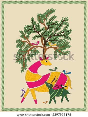 Fearful Harmony: Madhubani Art Depicting Fear and Baby Deer with Tree