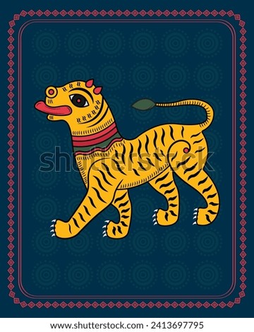 Kalighat Tiger: Traditional Artistry with a Fierce Touch. Kalighat Artwork with Tiger, Traditional Indian Tiger Illustration, Feline Grace in Kalighat Style.
