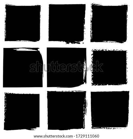 Set of vector square grunge black stickers isolated on white background. A group of labels with uneven rough edges drawn with an ink brush. Vector design elements, 9 square frames
