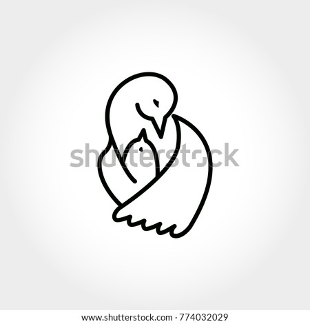 Bird hugs its little nestling. Logo of bird and nestling