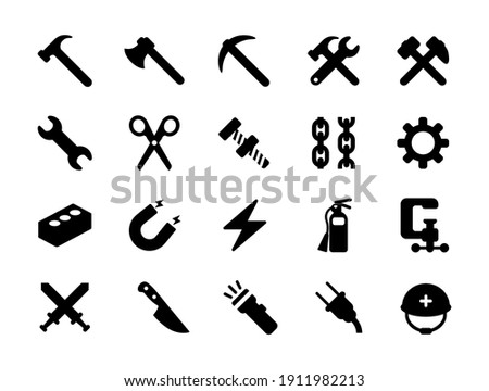 Working tools vector icons set. Construction instruments and materials. Isolated hammer, wrench, knife, gear, scissor, nut and bolt, clamp, electric plug, helmet, brick symbols collection - Vector