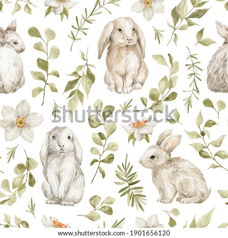 Watercolor seamless pattern with cute white rabbits and leaves. Wild animals, eucalyptus, flowers. Hand-drawn adorable hare, branch, plants. Springtime background
