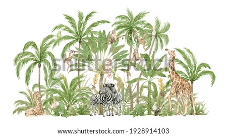 Watercolor safari animals and tropical palms. Jungle compositions. Giraffe, zebra, monkey, parrot. Bright summer exotic jungle. 