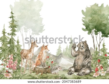 Watercolor composition with forest animals and natural elements. Deer, fox, bear, green trees, pine, fir, flowers and mountains. Woodland creatures in the wild. Illustration for nursery, wallpaper