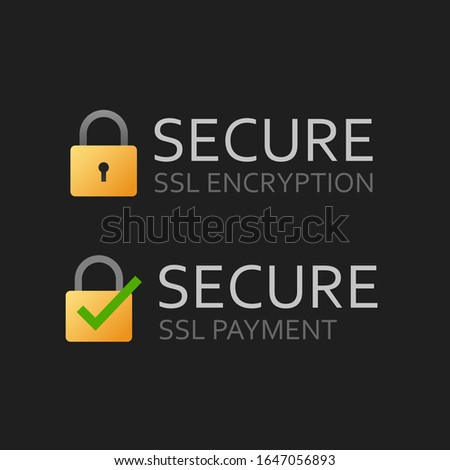 SSL secure certificate icon or safe encrypted payment vector symbol flat cartoon on isolated dark background, illustrated ssl encryption text with lock data protection as https technology modern