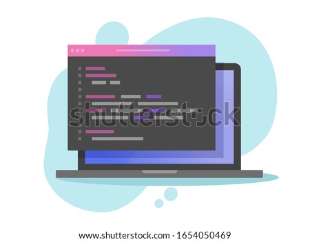 Website coding on computer laptop or programming html or php code vector flat cartoon, illustrated pc with programme window web code modern design icon 