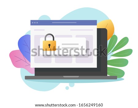 Password secure access on laptop computer on web internet browser window vector flat cartoon, pc lock or padlock as digital privacy website entry online, protection or authorization design colorful