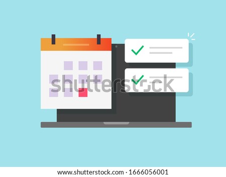 Online calendar and important deadline date task list app on laptop computer or scheduled event appointment notice vector flat cartoon icon, illustration of web agenda on pc modern design isolated