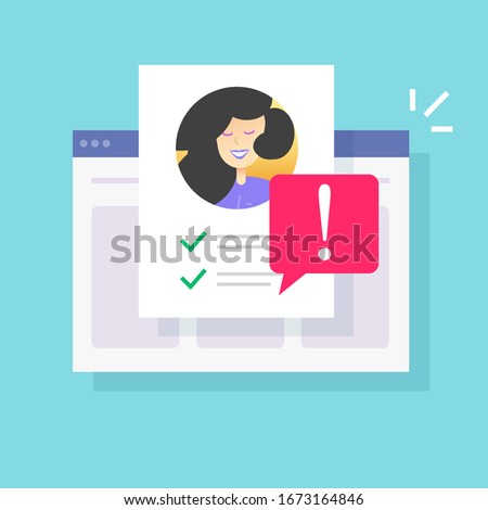 Web warning caution notification on personal profile fake account or fraud website user risk alert notice vector flat cartoon, illustration internet person id and safety danger message modern design