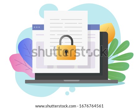 Document secure confidential online access on computer laptop or internet web privacy protection on text file vector flat cartoon, concept of private secret website data lock modern design colorful